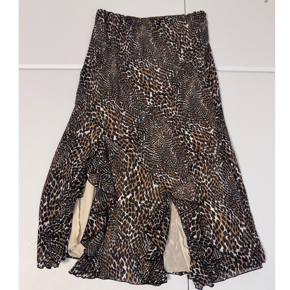 Russell Kemp Animal Print Ruffle‎ Midi Skirt Brown Snakeskin Y2K Boho Chic 10 oo